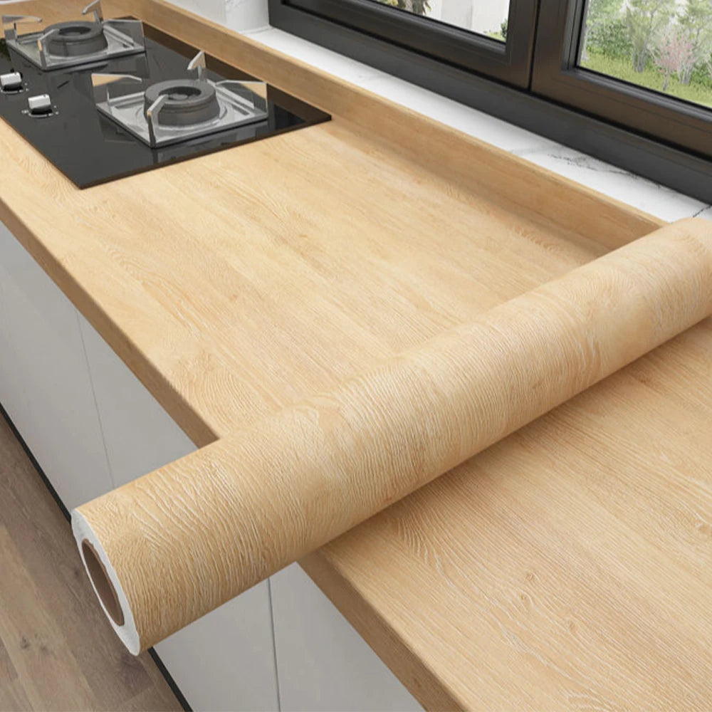 PVC waterproof self-adhesive wallpaper with wood grain design, ideal for furniture, walls, and cabinet decoration.