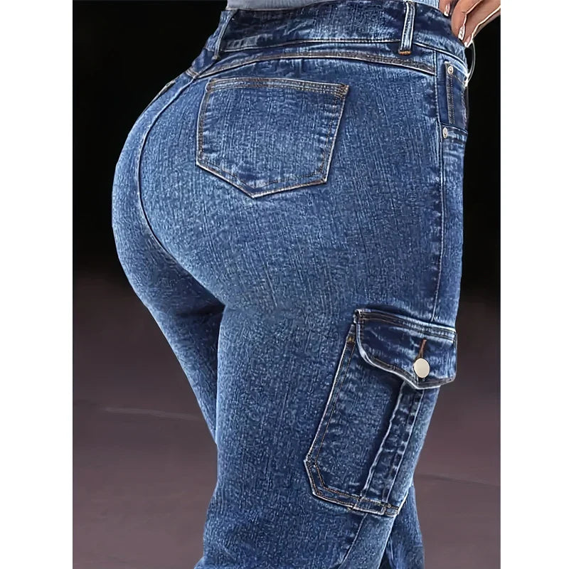 SHOWLU Women's distressed cargo skinny jeans with stretch denim, featuring a fashionable distressed design and slim fit.