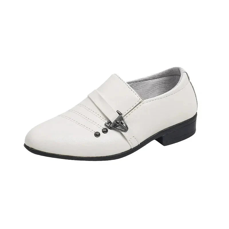 Showlu boys leather loafers for formal weddings and school parties, featuring classic design and polished brown leather.