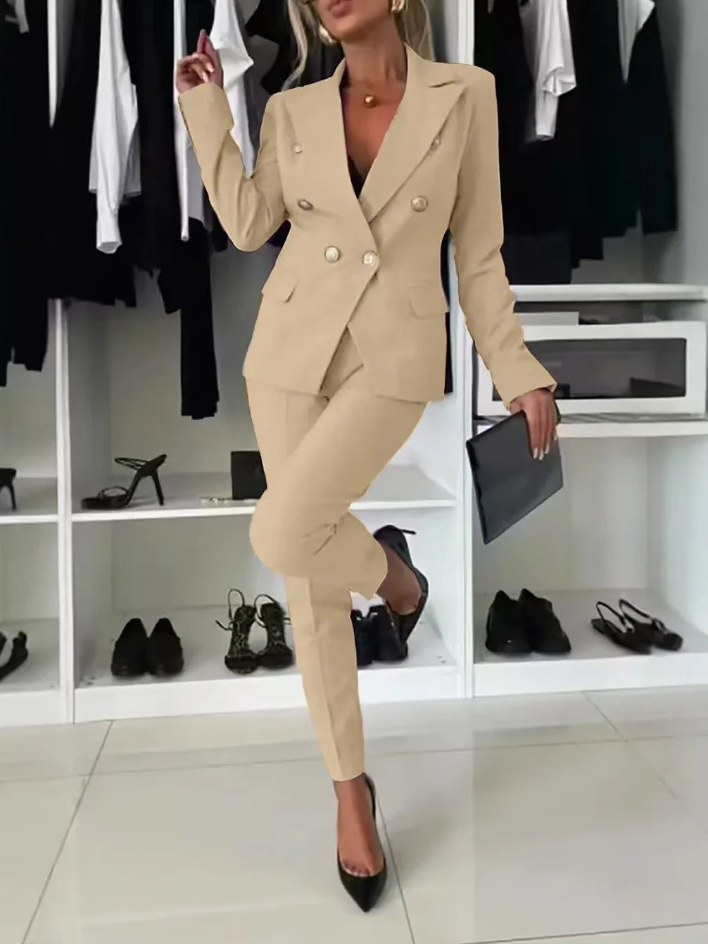 2025 Women's Lapel Button Coat Jacket + Pencil Pants Suit Sets Elegant Business Office 2PCS Set Female Slim Blazer Outfits Sets