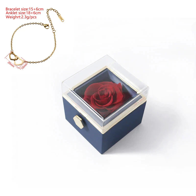Double heart steel bracelet by SHOWLU FASHION with eternal rose box, featuring sleek metal links and romantic floral presentation.