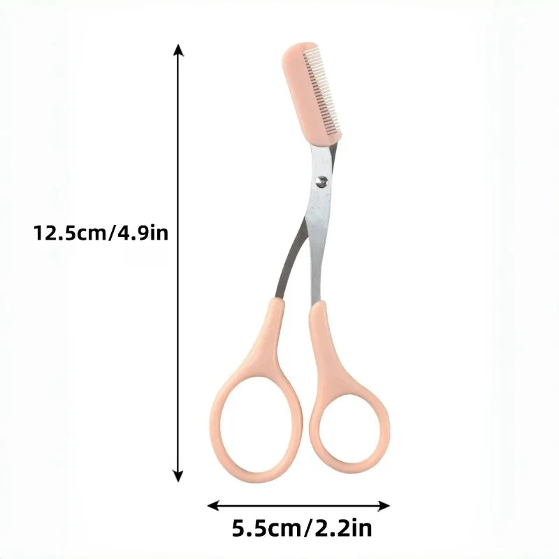 Pink stainless steel eyebrow trimming scissors with built-in comb for precise grooming and shaping of eyebrows.