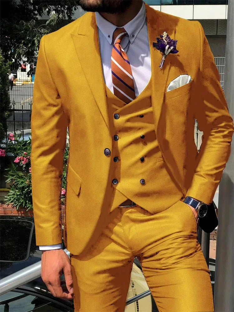 Dark blue SHOWLU men's 3-piece slim fit suit with cotton fabric, perfect for weddings, featuring a jacket, vest, and trousers.