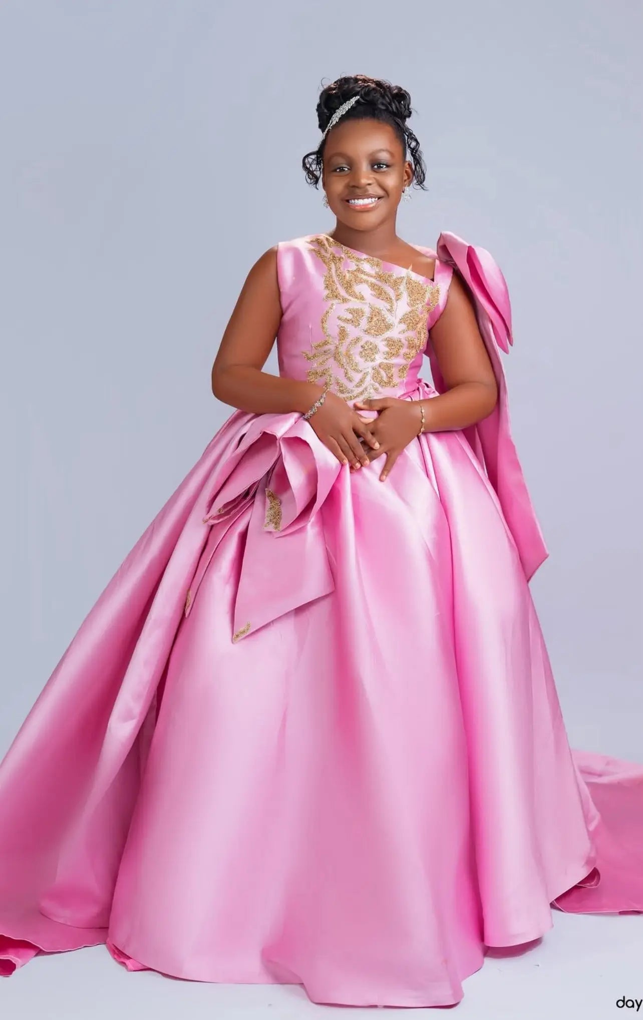 Luxury pink satin ball gown by 1170uf-he featuring beaded floral details, perfect for a stylish flower girl dress.