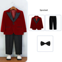 Autumn Boys Red Velvet Suit Set Children Birthday Party Wedding Host Piano Performance Costume Kids Blazer Pants Bowtie Outfit