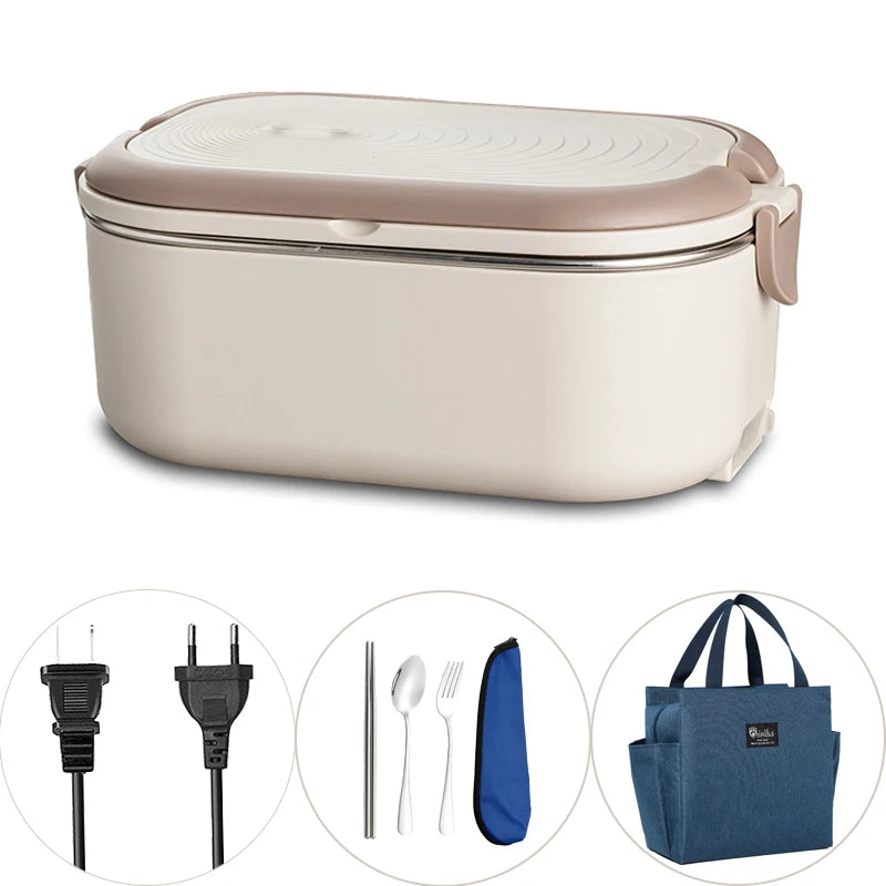 Stainless steel electric lunch box with 220V/110V heating function, 1L capacity, EU and US plugs, for school or office use