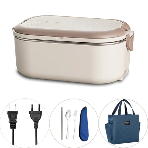 Stainless steel electric lunch box with 220V/110V heating function, 1L capacity, EU and US plugs, for school or office use
