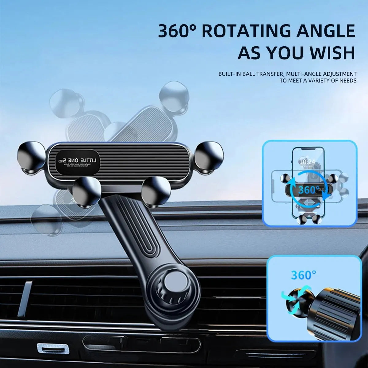 Showlu Gravity Car Phone Holder mounted on car air vent with 360° rotation, fits 4.7 to 7-inch smartphones, black clip mount.