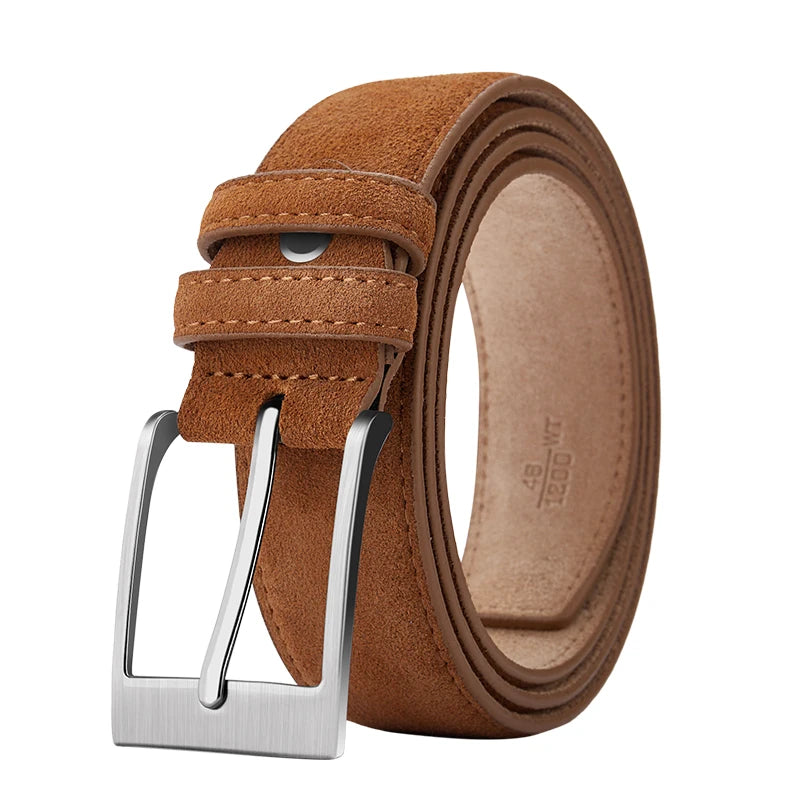Genuine cow leather belt with a classic plaid pin buckle for men, showcasing a stylish and durable accessory.