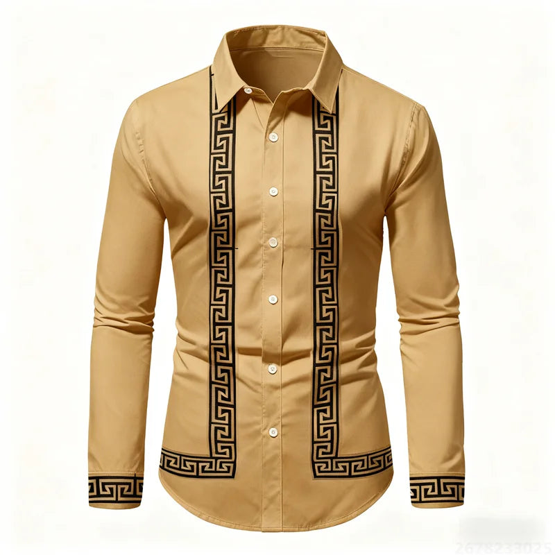 Men's retro geometric print long-sleeve shirt in black and white with color-block design, slim fit, stylish casual top from Showlu Fashion.