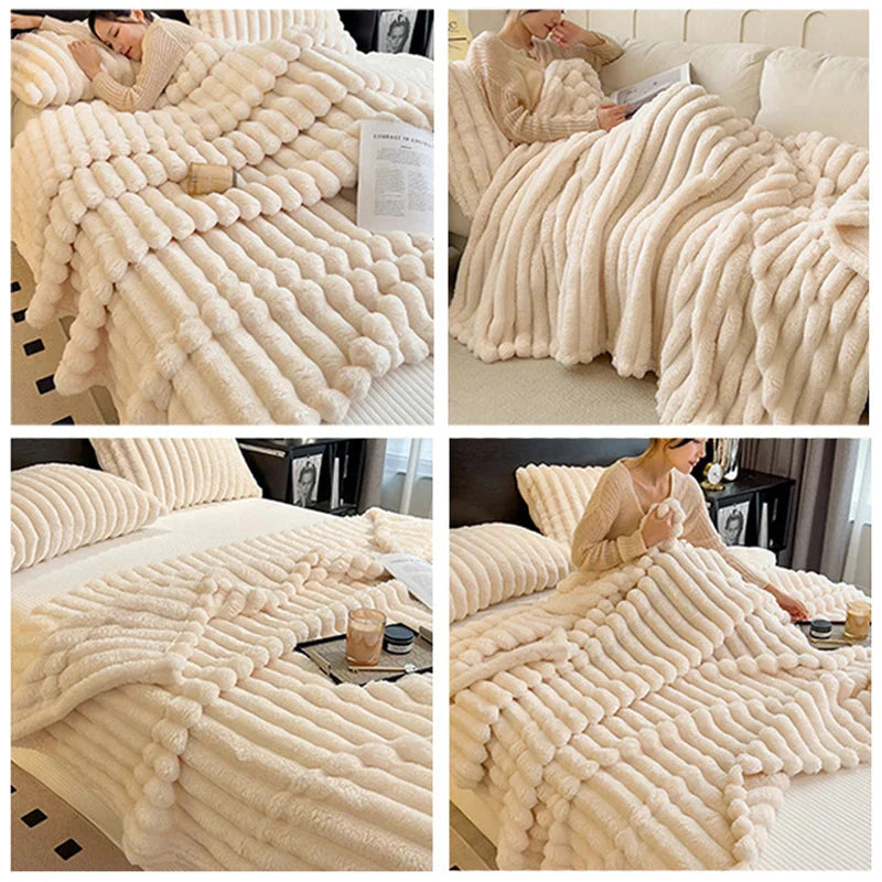 Soft, thick flannel rabbit plush blanket in solid color, warm bed cover from MINISO, perfect for cozy comfort.