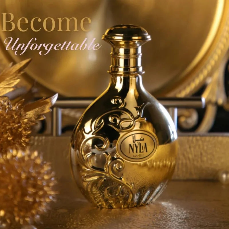 Unisex Arabiyat Nyla Eau De Parfum bottle featuring woody amber fragrance, 80ml, with elegant glass design and black cap.