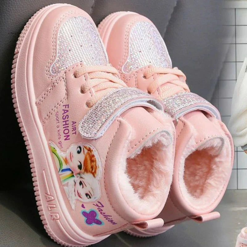 Pink Disney Frozen Elsa girls' winter snow boots with warm lining and ankle height, featuring Elsa design for girls' winter footwear.