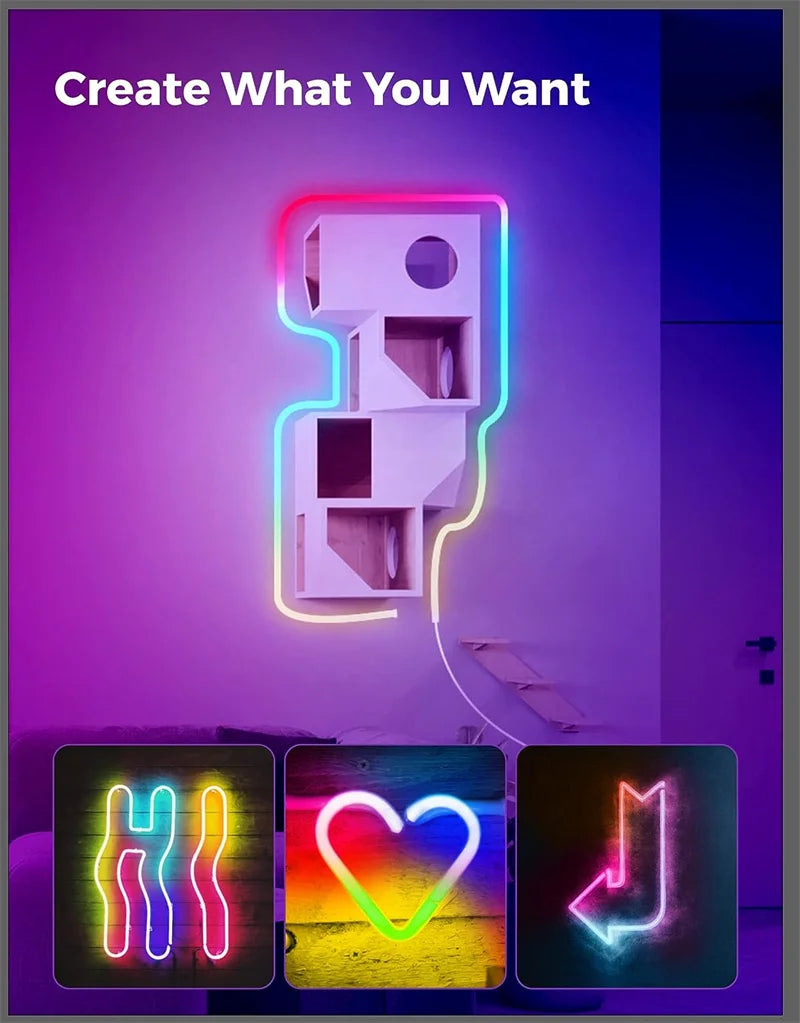 RGBIC Neon LED strip light from Showlu Smart General with Bluetooth app control, showcasing vibrant, multicolor lighting on a wall.