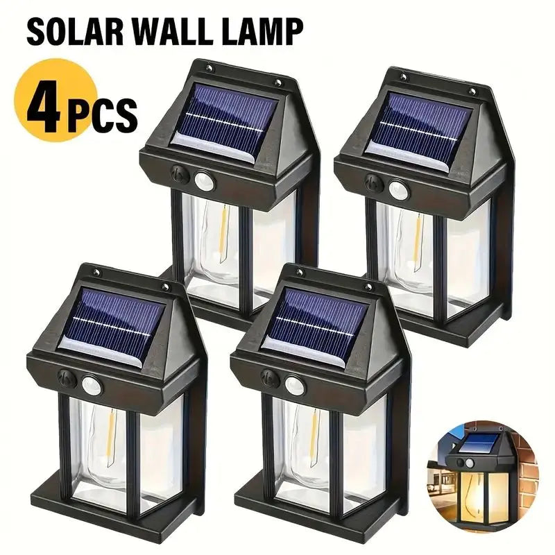 Showlu Smart General Solar Motion Sensor Outdoor Wall Light mounted on exterior wall with solar panel and LED lighting.
