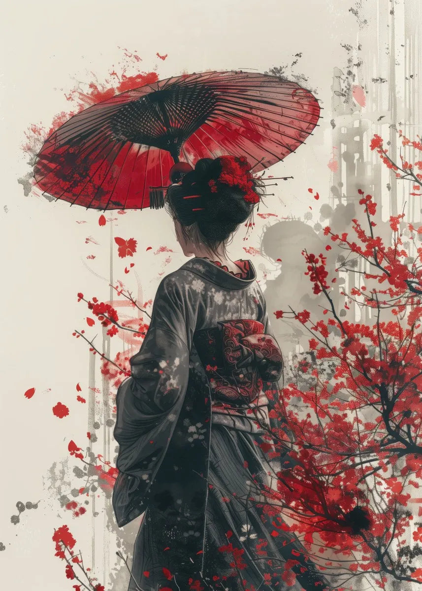 Japanese landscape wall art featuring samurai, geisha, bonsai, torii gate, sakura trees, canvas print for home decor.