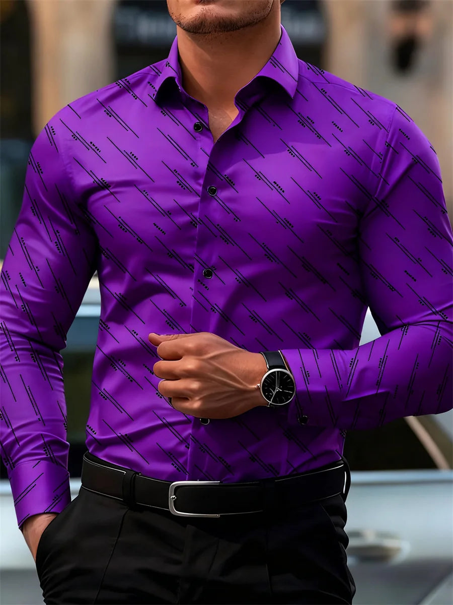Men's long sleeve shirt with geometric line print, versatile casual and office wear, Showlu Fashion Store.