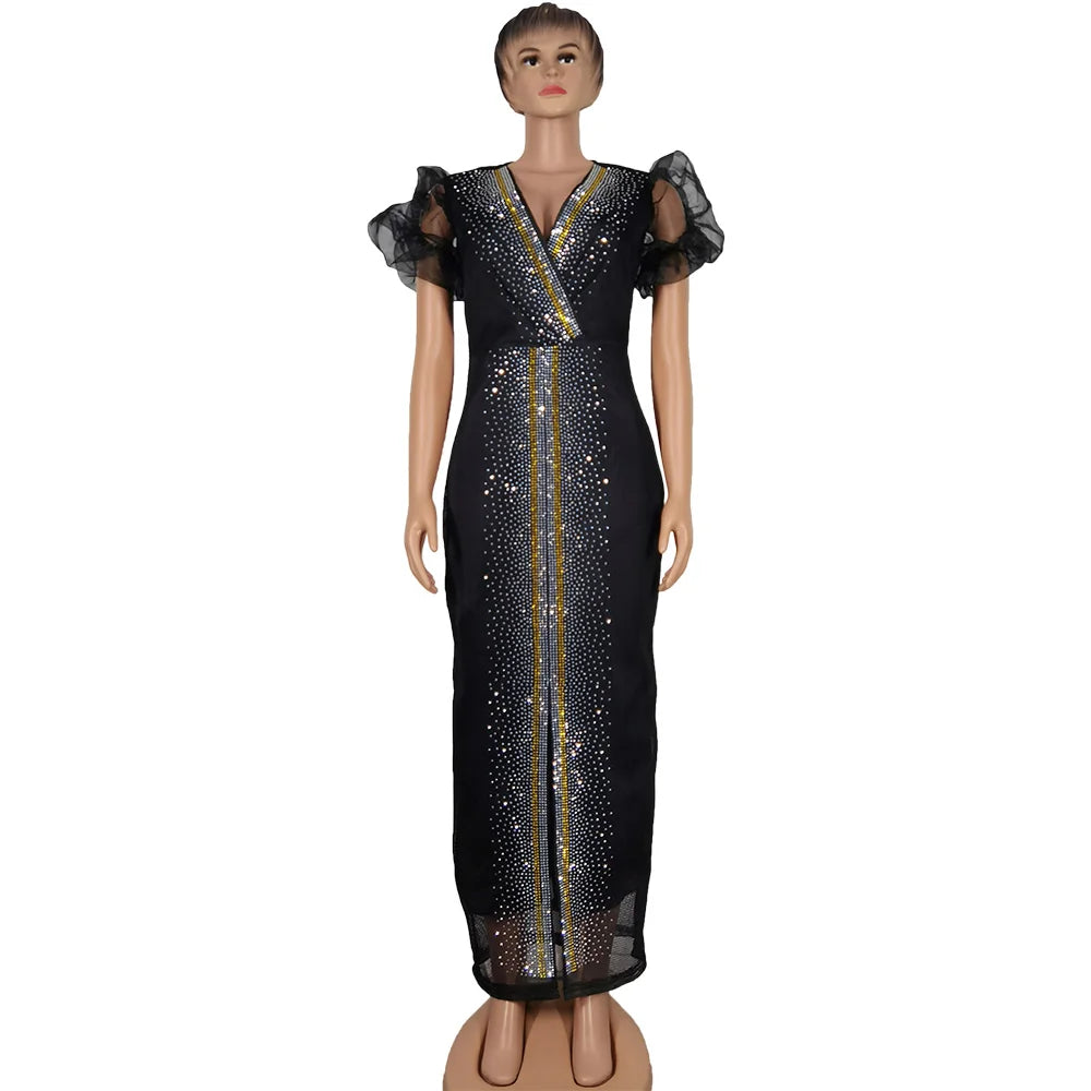 Diamond-encrusted V-neck stretch mesh dress with bubble sleeves by Showlu Fashion Store, featuring a stylish and glamorous design.