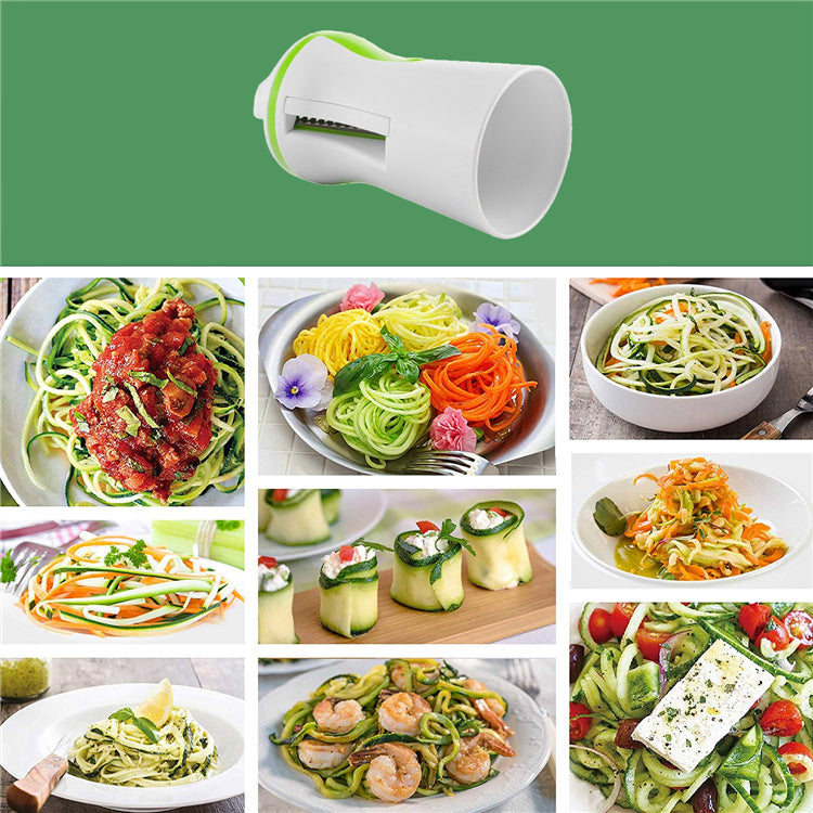Stainless steel vegetable spiralizer with three blades from Showlu Smart General, showing spiralized zucchini on a white background.