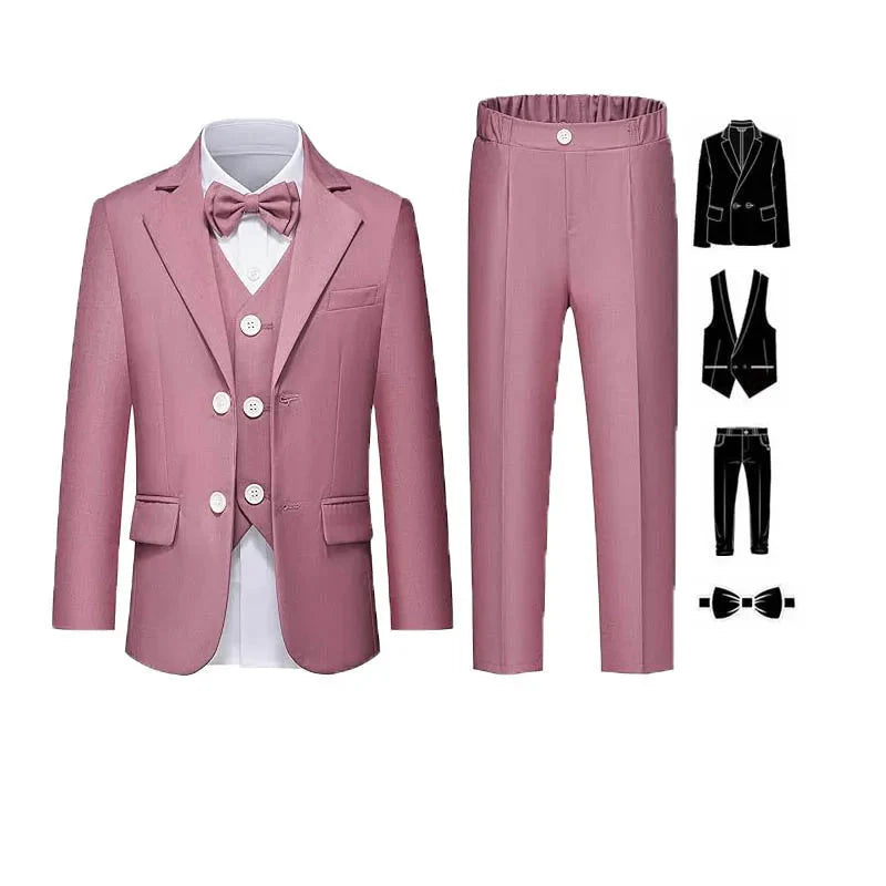 Pink boys' formal suit set with jacket, vest, pants, and bowtie, stylishly designed for special occasions.