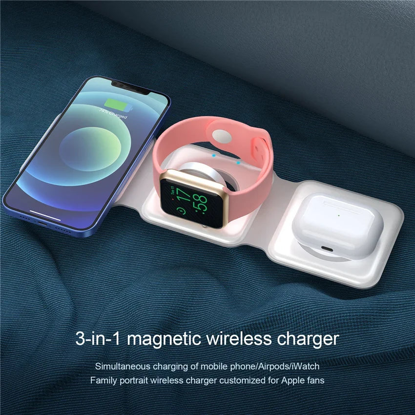 Showlu Smart General 3-in-1 wireless charging station with space for phone, smartwatch, and earbuds on a sleek surface.