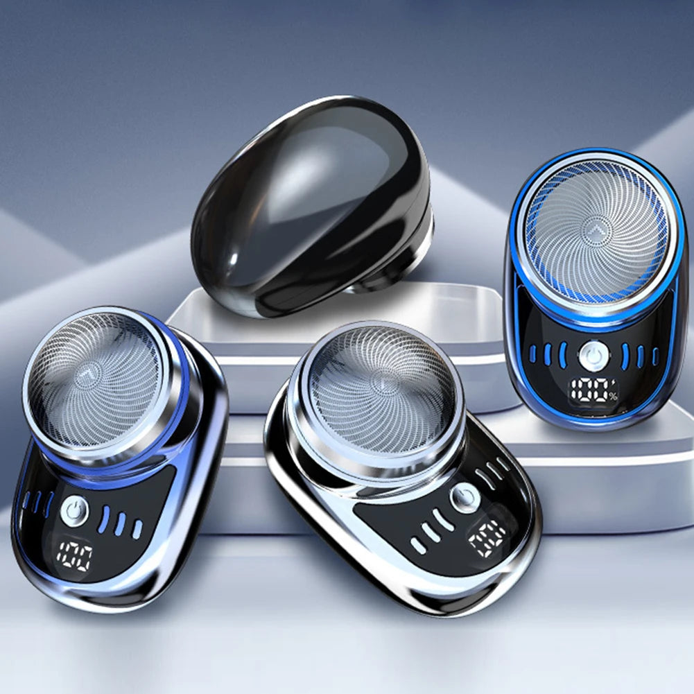 Men's mini electric travel shaver with digital display, USB rechargeable beard trimmer, washable and compact for travel.