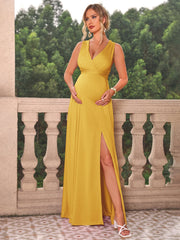 ItsRoya Solid Satin Cross Back Maternity Dress Elegant Party Evening Pregnant Gowns Side Split V Neck Photography Props Dresses