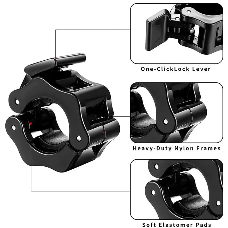 Two thick barbell and dumbbell buckle nuts with quick-release design, used as accessory fixings for weightlifting equipment.
