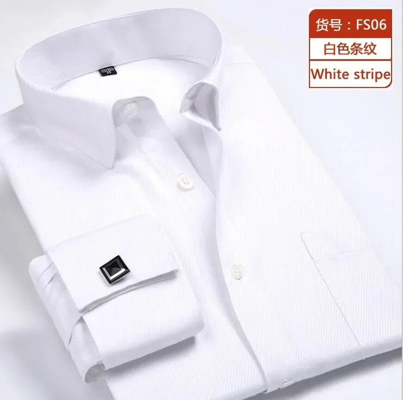 Gentlemen's formal long sleeve French cuff dress shirt by Showlu Fashion, solid striped style, includes cufflinks, plus size available.