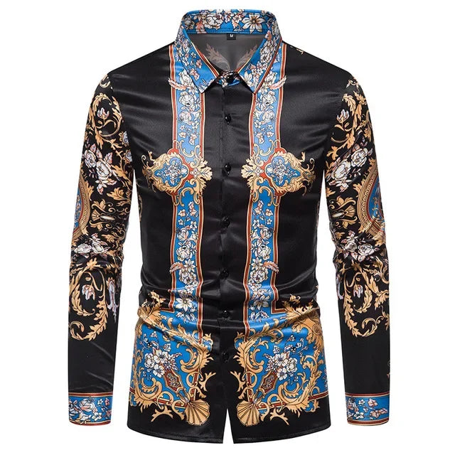 Men's retro plaid long sleeve shirt by Showlu Fashion with casual floral design, featuring a classic button-up style.