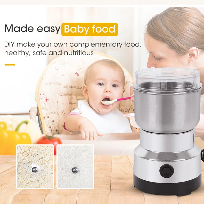 Showlu Smart General electric coffee and spice grinder with stainless steel body and 150W motor, shown in a close-up image.