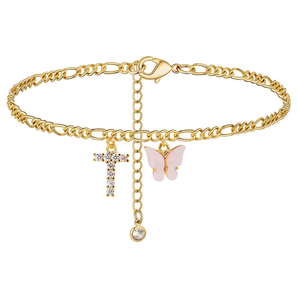 Stainless steel alphabet anklet featuring butterfly charm for women and girls, waterproof jewelry, trendy leg chain accessory.