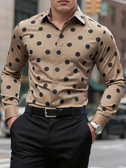 Men's long sleeve spotted lapel shirt by Showlu Fashion Store, casual outdoor breathable shirt for comfortable versatile fashion.