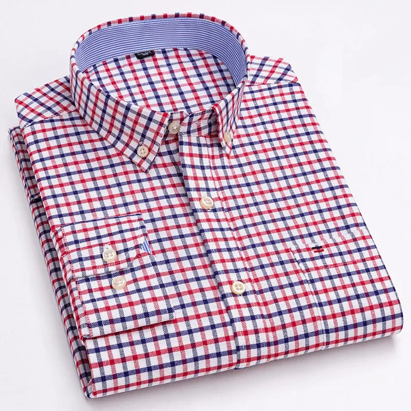 Men's long sleeve plaid Oxford dress shirt in solid color print, 100% cotton, oversized fit, regular cut, from Showlu Fashion.
