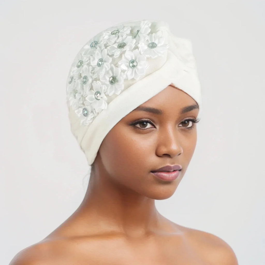 Showlu Fashion women's diamond pleated turban hijab chemo cap wrap with elegant pleats and diamond detailing.
