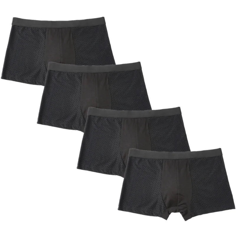 Showlu Men's Ice Silk Boxer Briefs in a 4-pack, breathable mesh underwear with soft, cooling fabric for comfort.