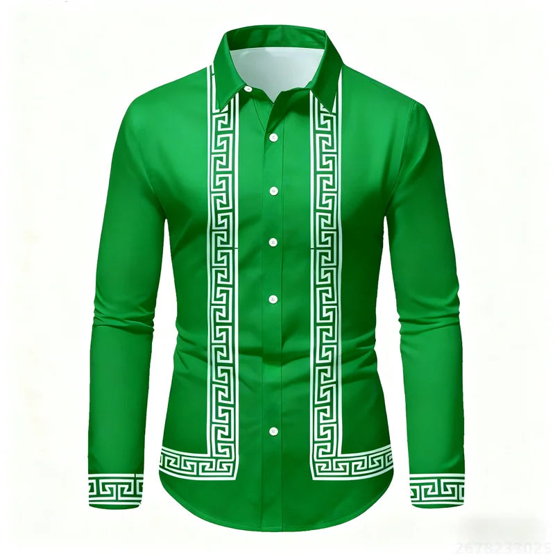 Men's retro geometric print long-sleeve shirt in black and white with slim fit, stylish casual top from Showlu Fashion Store.