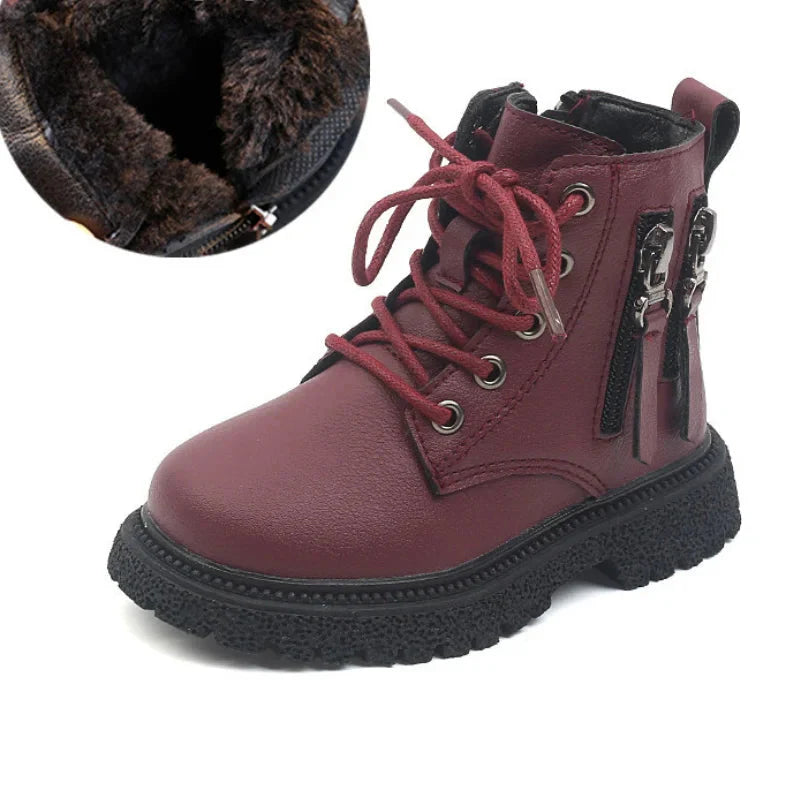 Kids rubber ankle boots by SHOWLU FASHION STORE with double zip closure, warm winter footwear for children, stylish and functional.
