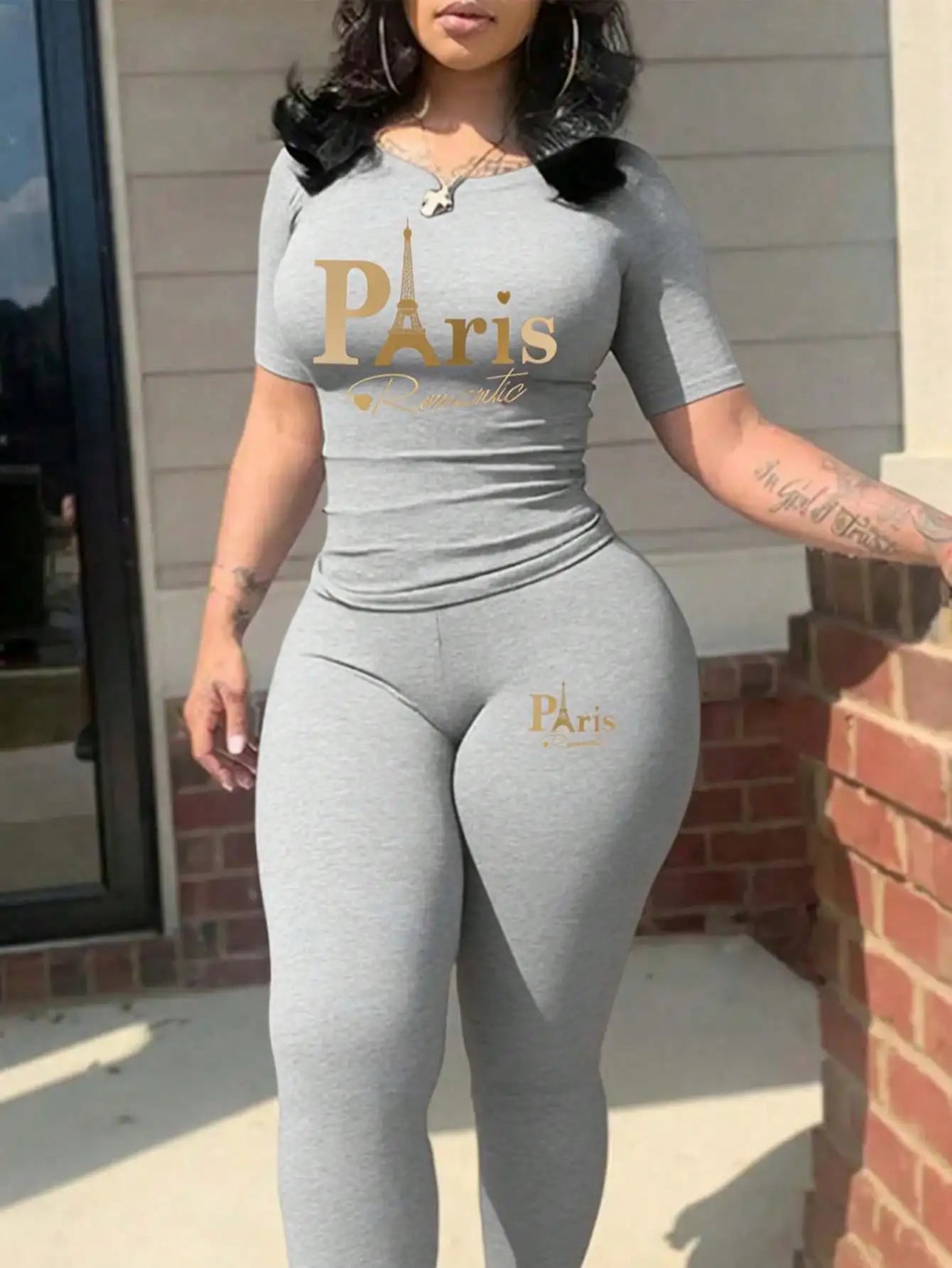 2026 Women's New Paris Printed Two-Piece Set, Casual Short-Sleeved Round Neck T-Shirt and Tight Pants Long Pants Set
