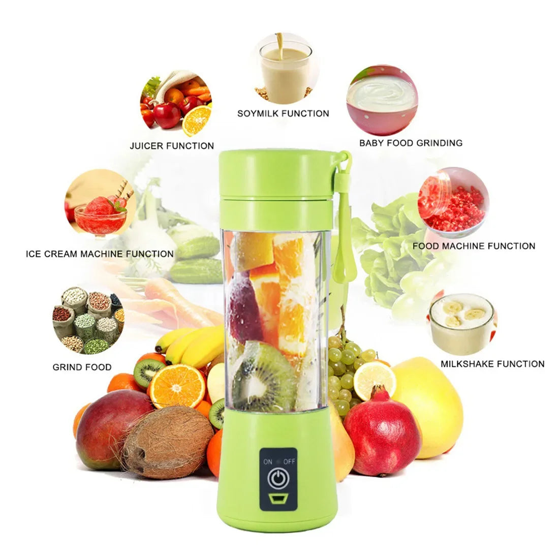 Portable mini USB juicer blender from Showlu Fashion Store, compact design with a clear blending jar and USB charging port.
