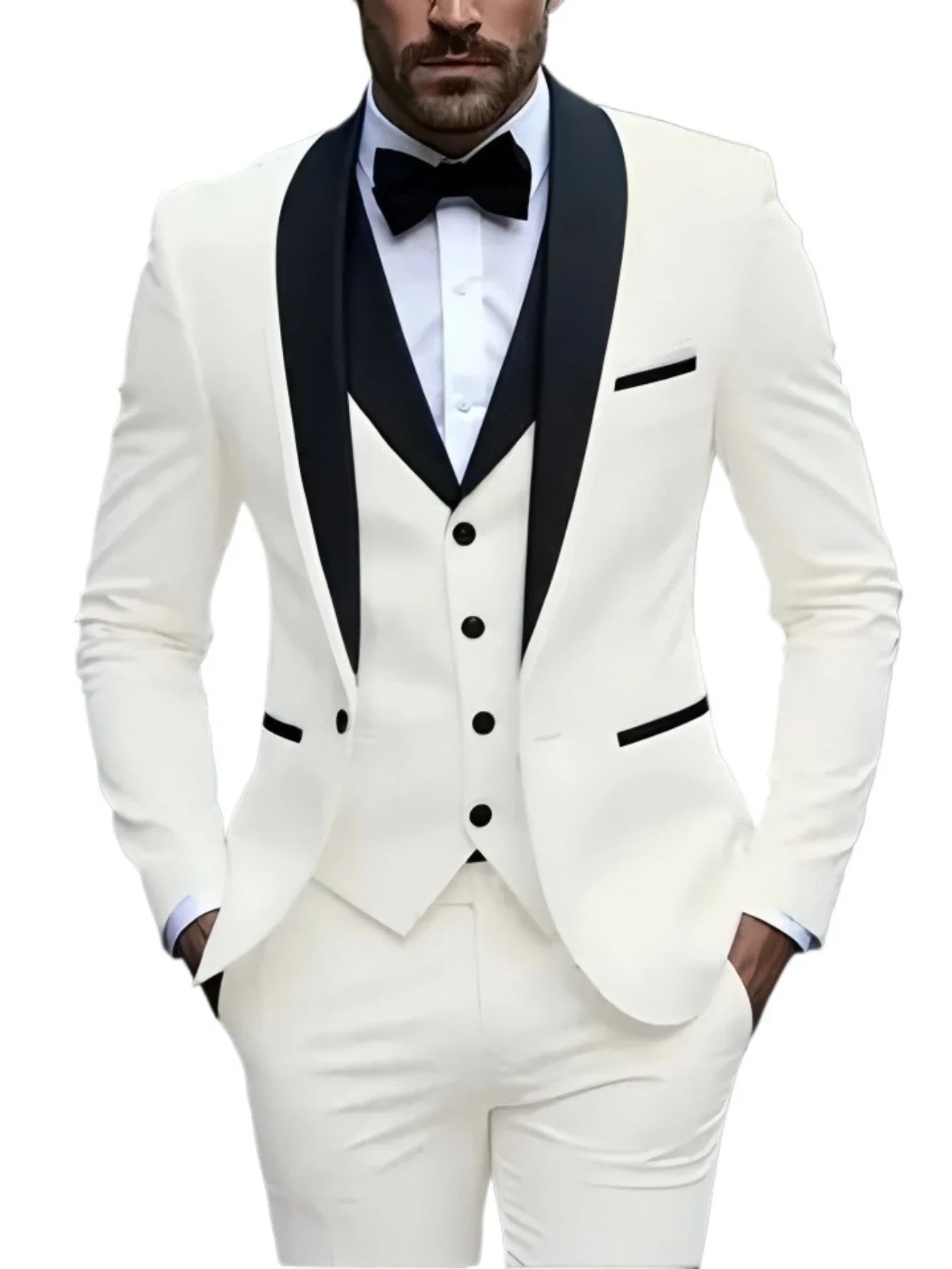 White Slit Mens Suits 3 Piece Black Shawl Lapel Casual Groom Tuxedos for Wedding Groomsmen Suits Men 2025 (Blazer+Vest+Pant)