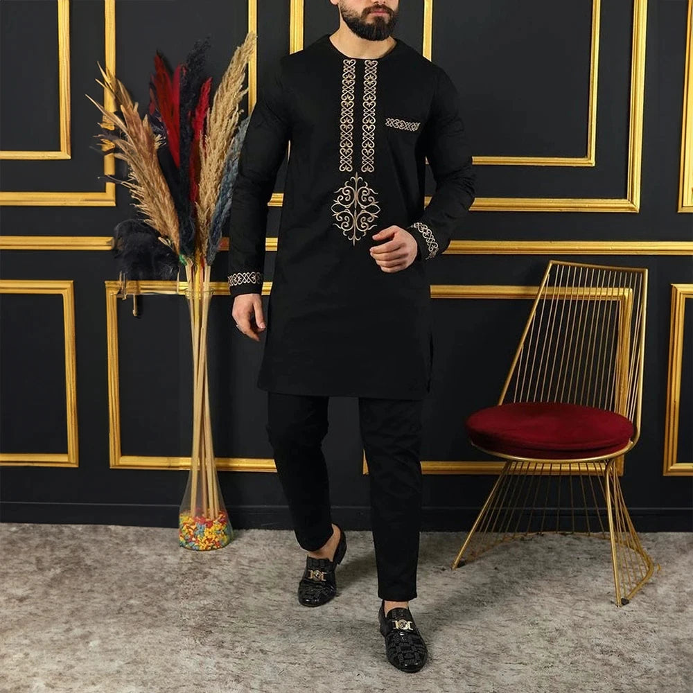 New In African Summer Business Men's Short Sleeve Suit Embroidery Dashiki Shirt Pants Sets 2 Pieces Outfits Wedding Party 2025