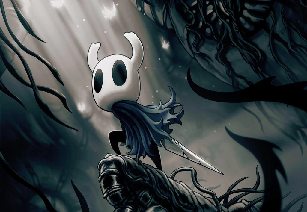Hollow Knight canvas wall art featuring a modern video game poster with detailed artwork, perfect for home decor.