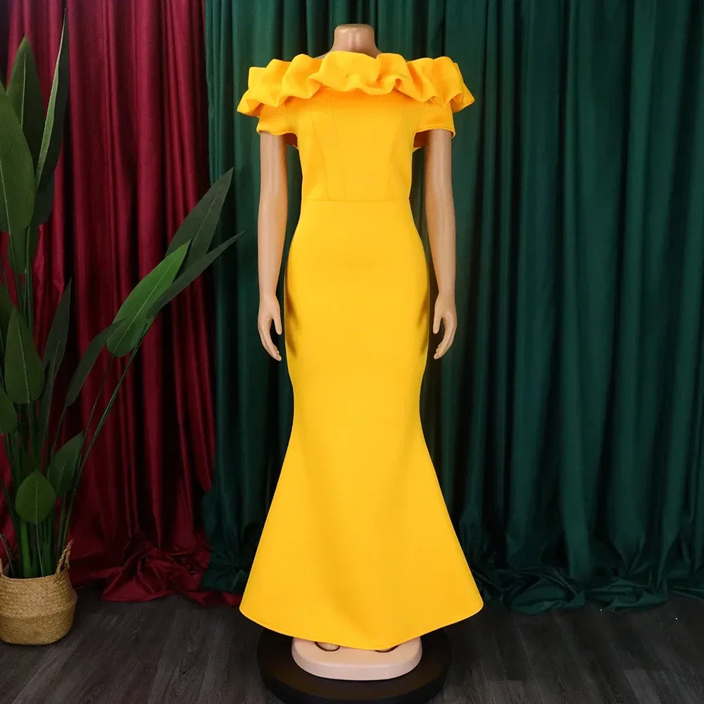 Elegant off-the-shoulder long dress for women featuring short sleeves, mermaid silhouette, floor length, suitable for parties and dinners.