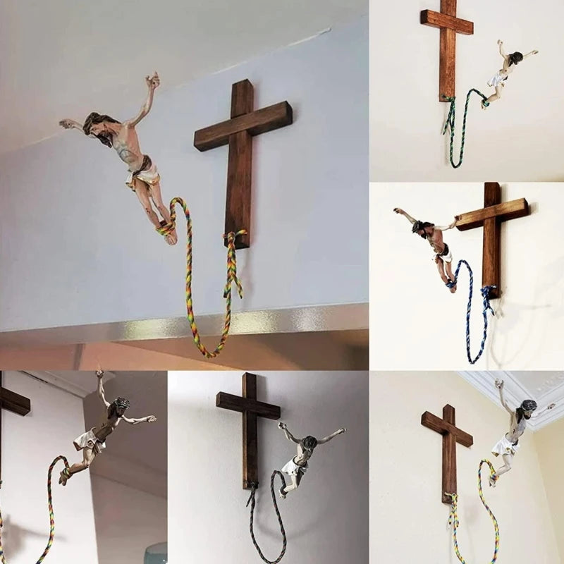 Handmade resin sculpture of a Bungee Jumping Jesus, unique religious artwork, decorative wooden wall ornament.
