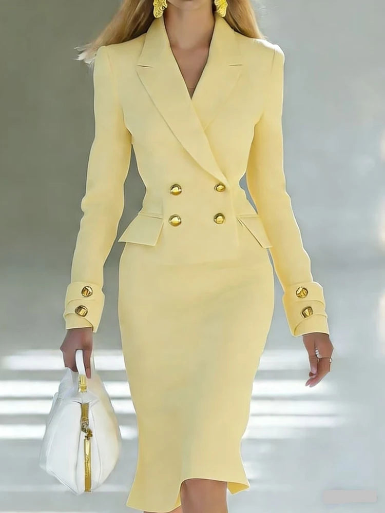 Showlu Women's double-breasted blazer dress with V-neck, tailored formal wear in black, perfect for elegant occasions.