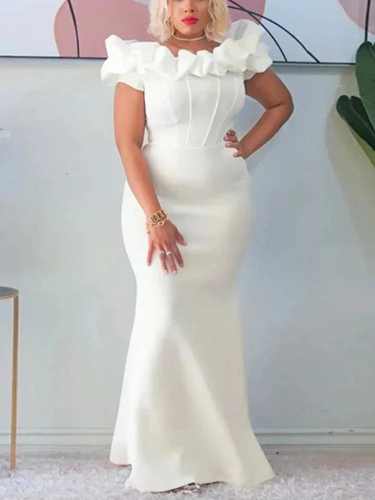 Aimei white off-shoulder ruched mermaid evening gown with fitted silhouette, perfect for wedding guests, by SHOWLU FASHION STORE.