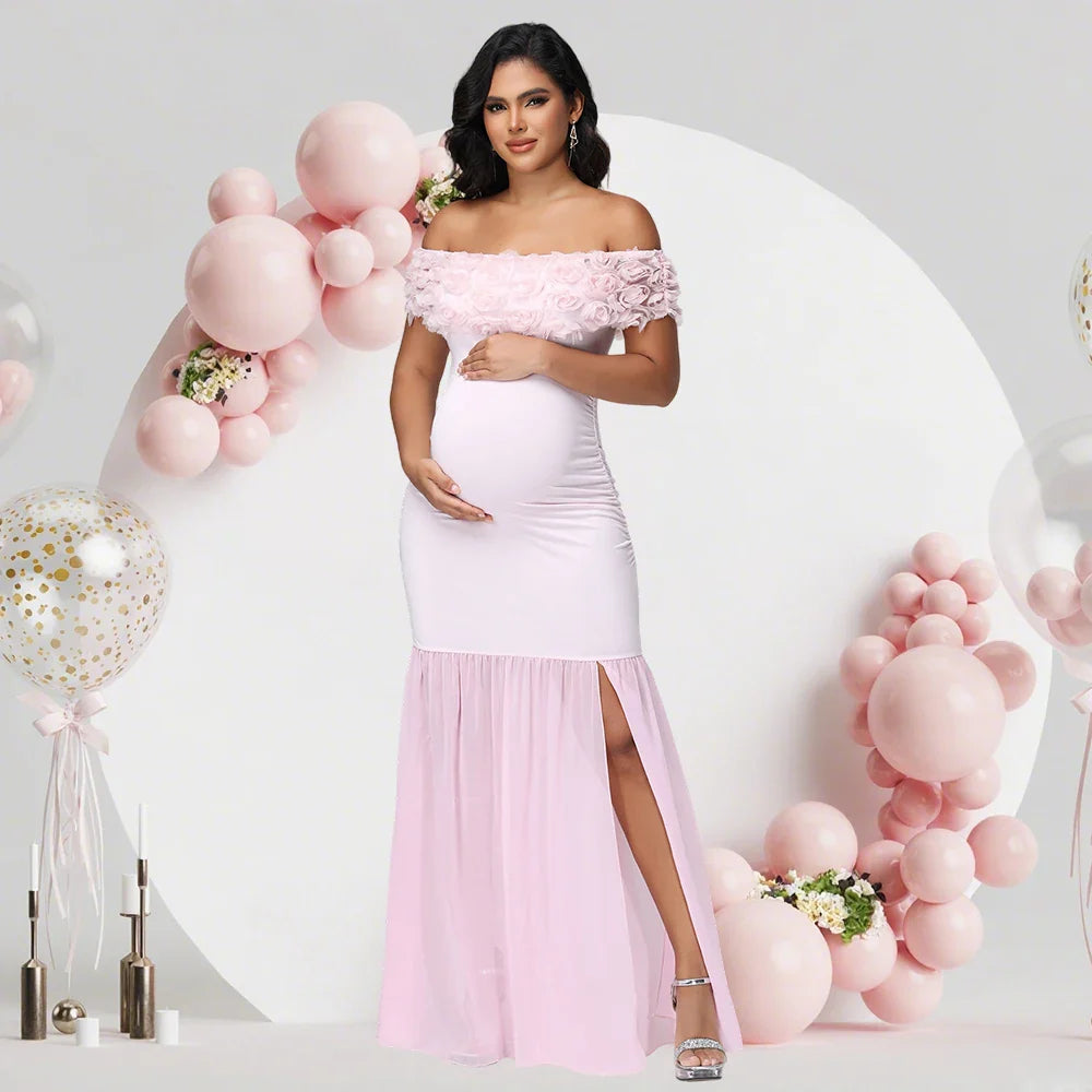 Showlu maternity floral off-shoulder chiffon gown with split hem, designed for comfort and elegance during pregnancy