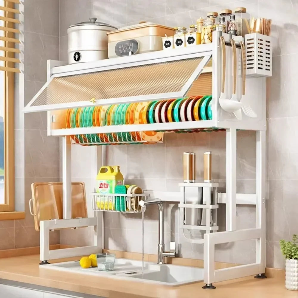 Showlu stainless steel over sink dish drying rack with scalable design for organized kitchen drying space.