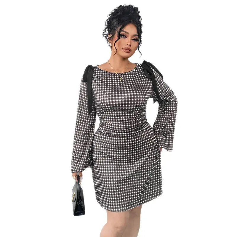 Showlu Fashion plaid long sleeve linen dress with a slimming flared silhouette, perfect for casual or stylish occasions.